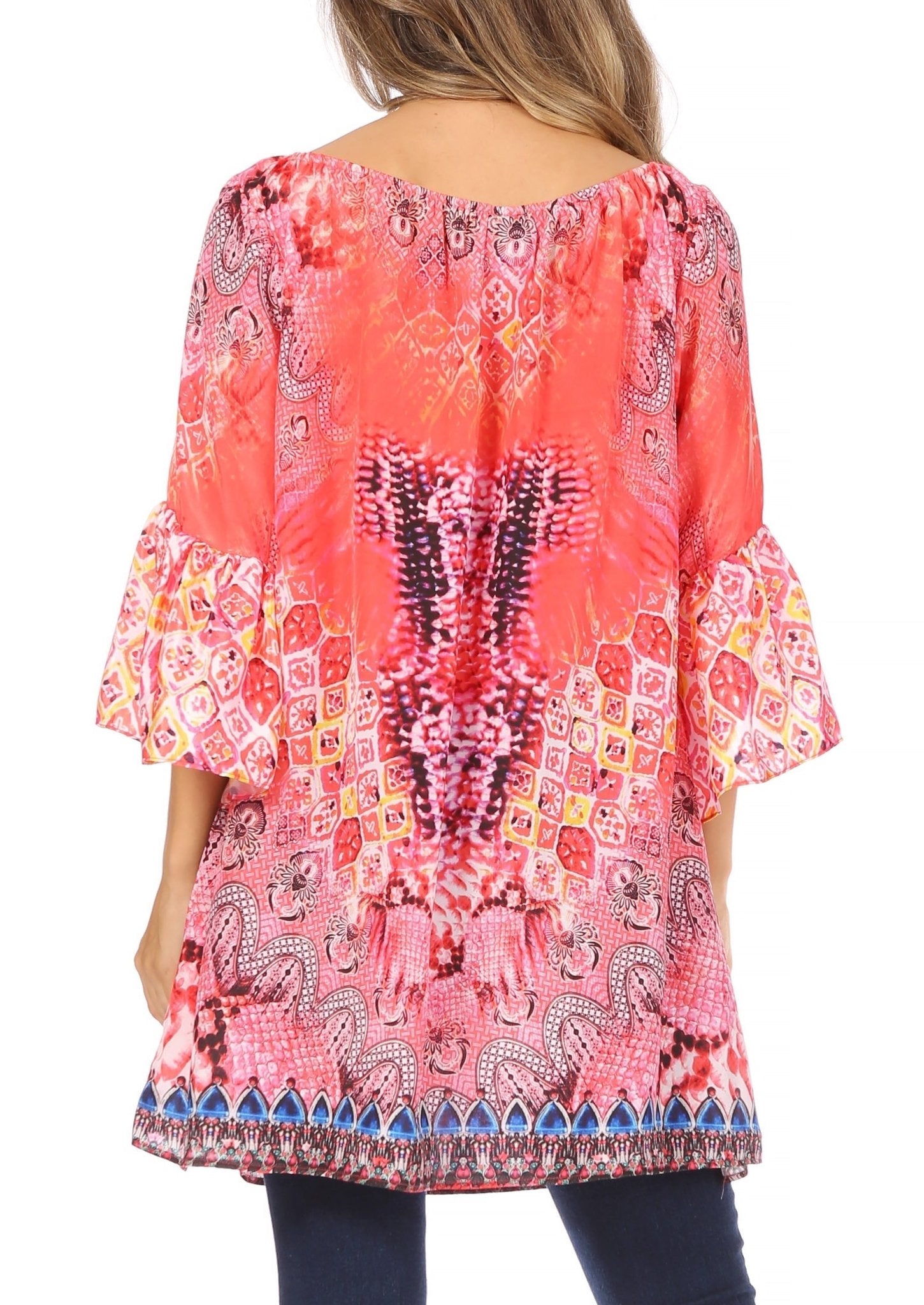 Sakkas Inna Colorful Shift Dress Tunic with Bell Ruffled Sleeves & Rhinestones dresses La Vie Bien Sakkas Inna Colorful Shift Dress Tunic with Bell Ruffled Sleeves & Rhinestones