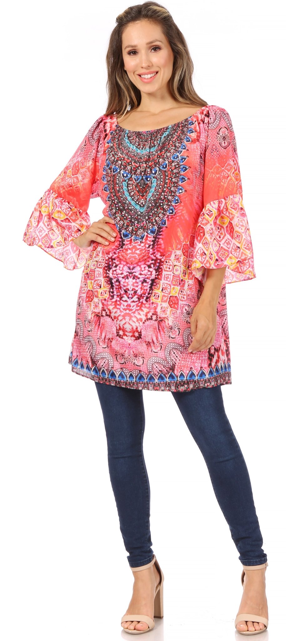 Sakkas Inna Colorful Shift Dress Tunic with Bell Ruffled Sleeves & Rhinestones dresses La Vie Bien Sakkas Inna Colorful Shift Dress Tunic with Bell Ruffled Sleeves & Rhinestones