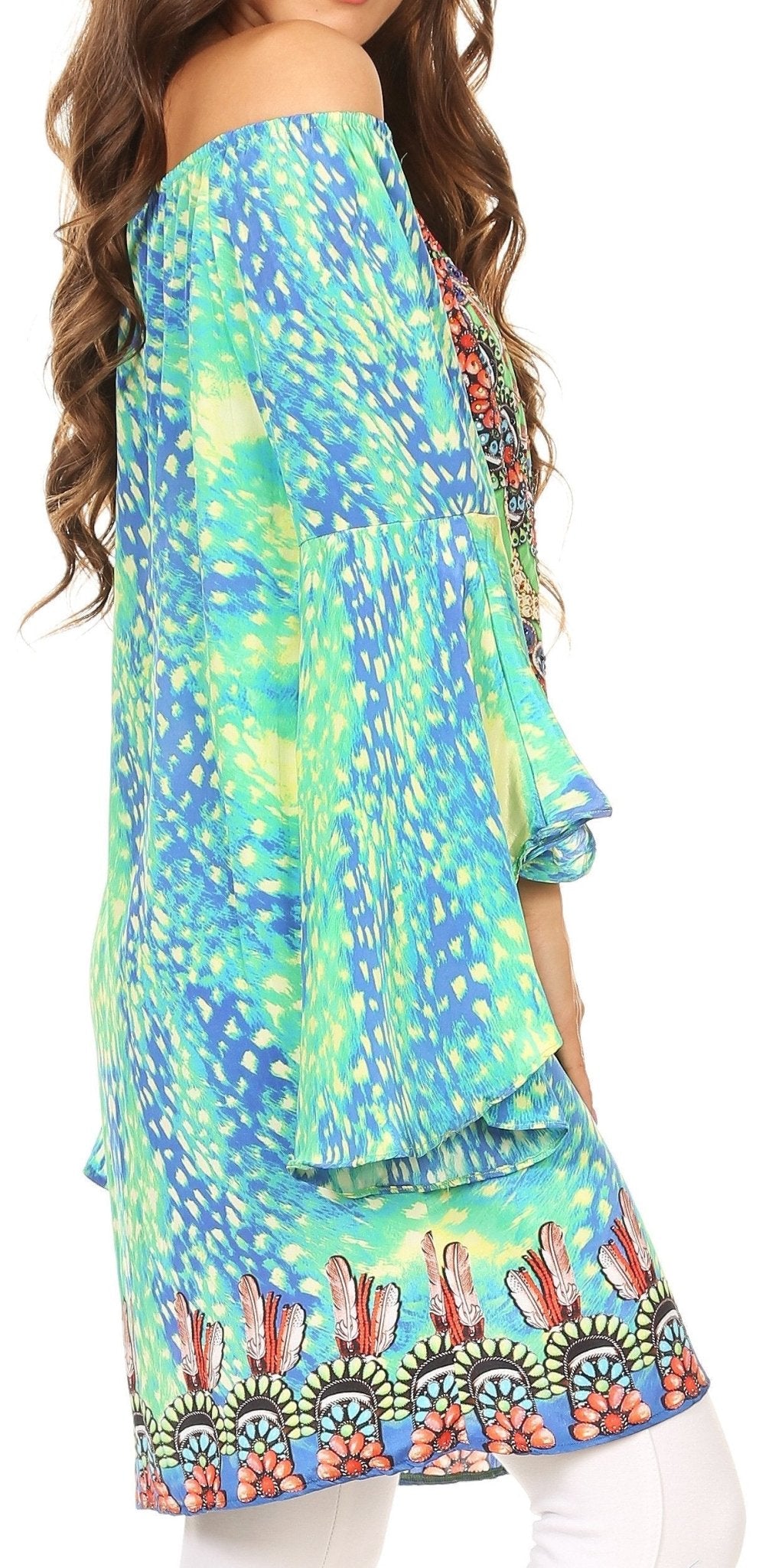 Sakkas Inna Colorful Shift Dress Tunic with Bell Ruffled Sleeves & Rhinestones dresses La Vie Bien Sakkas Inna Colorful Shift Dress Tunic with Bell Ruffled Sleeves & Rhinestones
