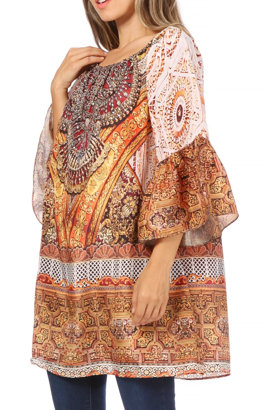 Sakkas Inna Colorful Shift Dress Tunic with Bell Ruffled Sleeves & Rhinestones dresses La Vie Bien Sakkas Inna Colorful Shift Dress Tunic with Bell Ruffled Sleeves & Rhinestones