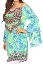 Sakkas Inna Colorful Shift Dress Tunic with Bell Ruffled Sleeves & Rhinestones dresses La Vie Bien Sakkas Inna Colorful Shift Dress Tunic with Bell Ruffled Sleeves & Rhinestones