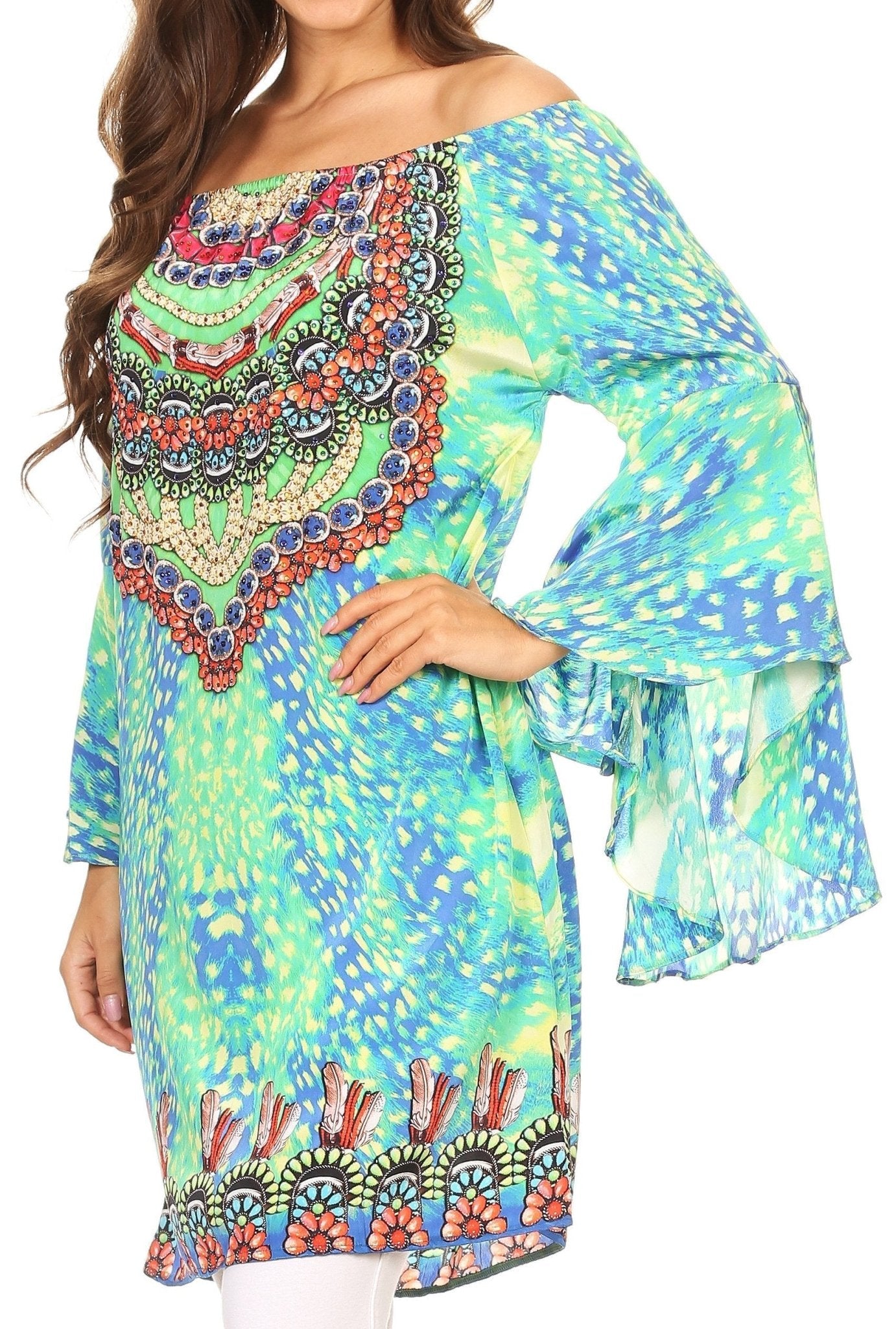 Sakkas Inna Colorful Shift Dress Tunic with Bell Ruffled Sleeves & Rhinestones dresses La Vie Bien Sakkas Inna Colorful Shift Dress Tunic with Bell Ruffled Sleeves & Rhinestones