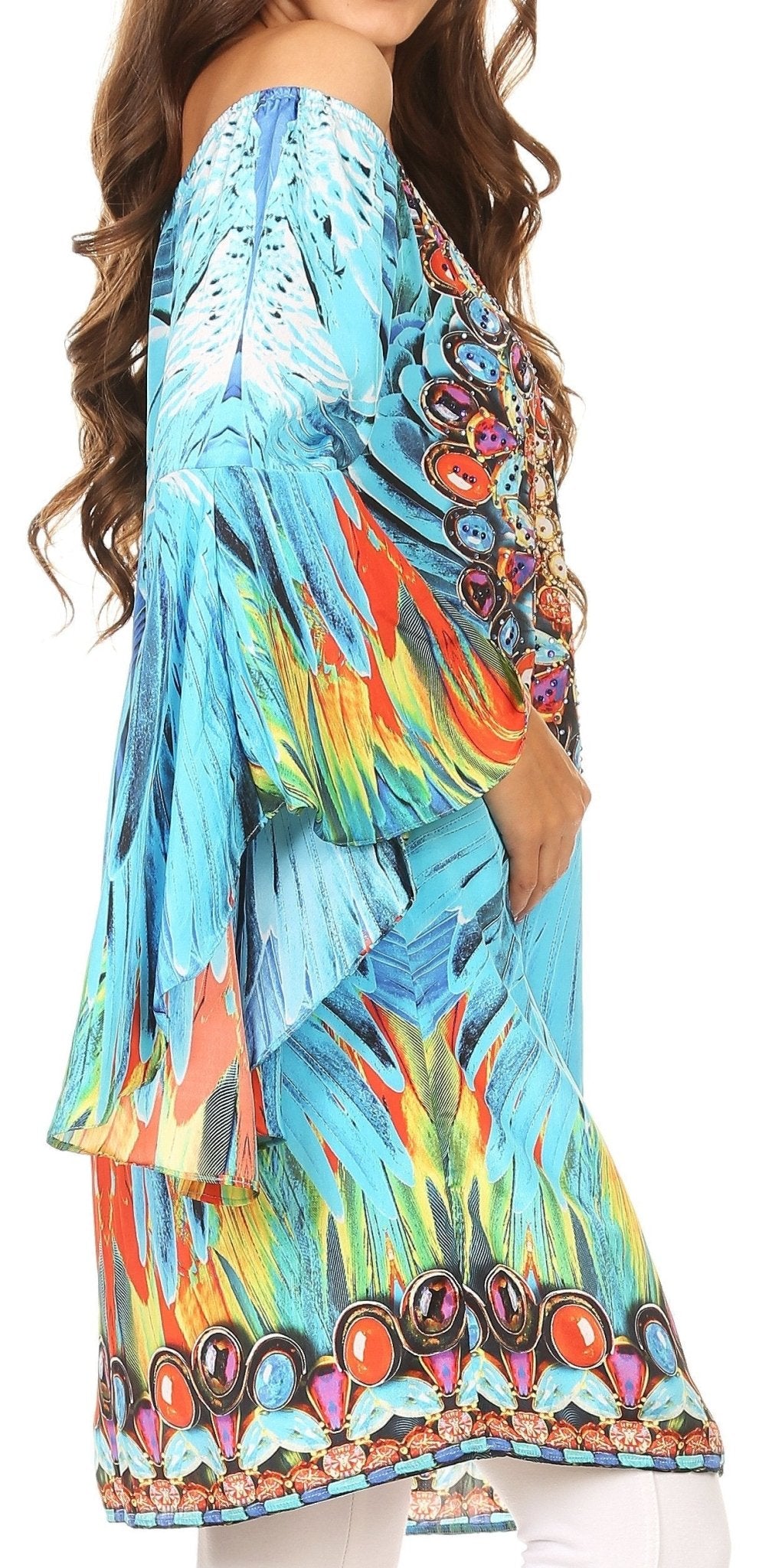 Sakkas Inna Colorful Shift Dress Tunic with Bell Ruffled Sleeves & Rhinestones dresses La Vie Bien Sakkas Inna Colorful Shift Dress Tunic with Bell Ruffled Sleeves & Rhinestones