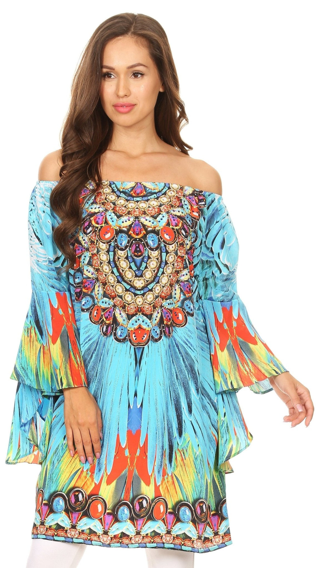 Sakkas Inna Colorful Shift Dress Tunic with Bell Ruffled Sleeves & Rhinestones dresses La Vie Bien Sakkas Inna Colorful Shift Dress Tunic with Bell Ruffled Sleeves & Rhinestones