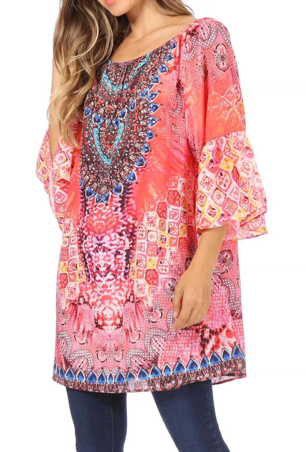 Sakkas Inna Colorful Shift Dress Tunic with Bell Ruffled Sleeves & Rhinestones dresses La Vie Bien Sakkas Inna Colorful Shift Dress Tunic with Bell Ruffled Sleeves & Rhinestones