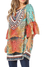 Sakkas Inna Colorful Shift Dress Tunic with Bell Ruffled Sleeves & Rhinestones dresses La Vie Bien Sakkas Inna Colorful Shift Dress Tunic with Bell Ruffled Sleeves & Rhinestones