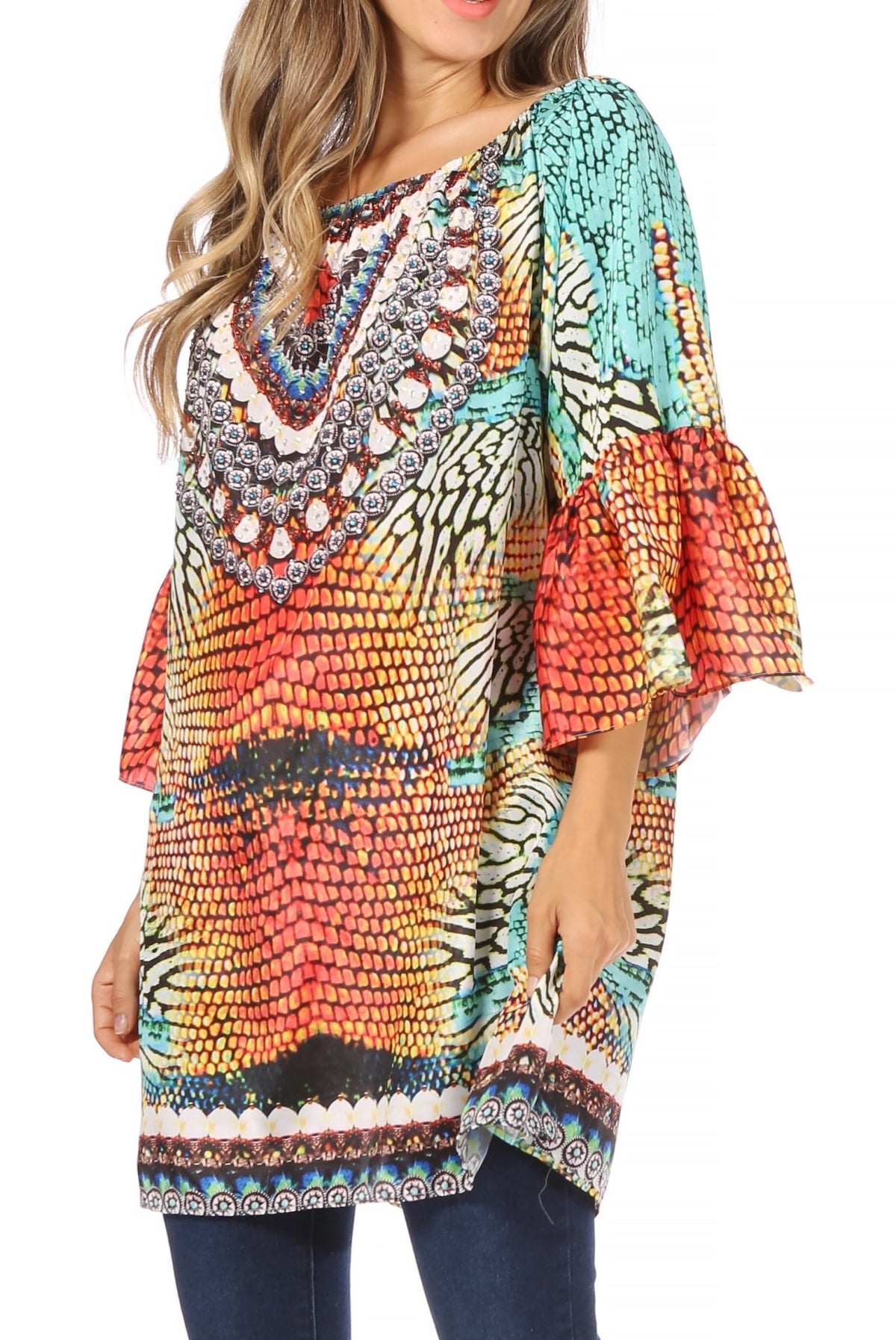 Sakkas Inna Colorful Shift Dress Tunic with Bell Ruffled Sleeves & Rhinestones dresses La Vie Bien Sakkas Inna Colorful Shift Dress Tunic with Bell Ruffled Sleeves & Rhinestones