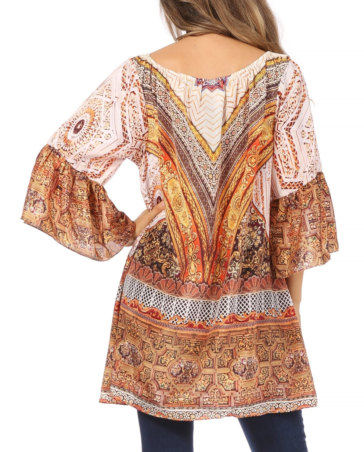 Sakkas Inna Colorful Shift Dress Tunic with Bell Ruffled Sleeves & Rhinestones dresses La Vie Bien Sakkas Inna Colorful Shift Dress Tunic with Bell Ruffled Sleeves & Rhinestones
