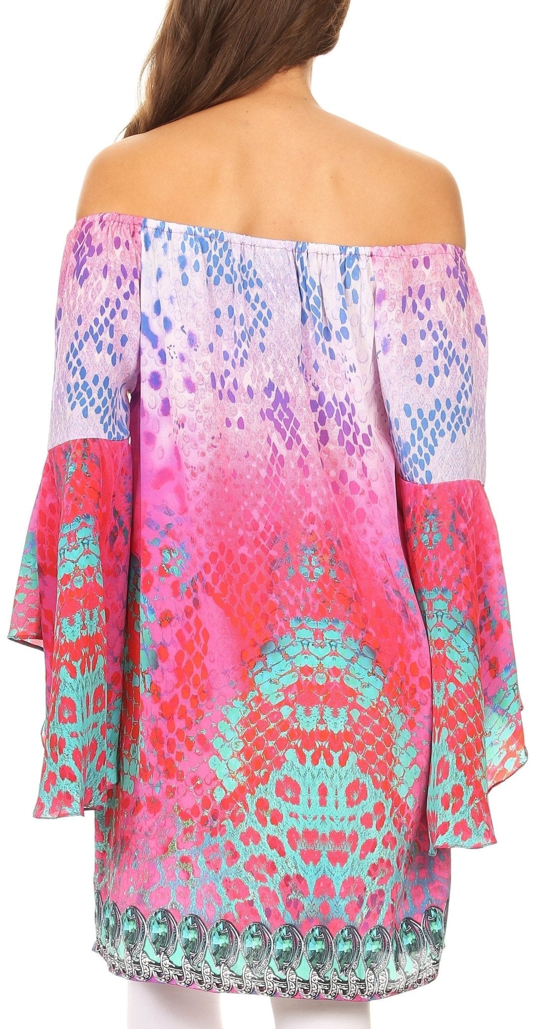 Sakkas Inna Colorful Shift Dress Tunic with Bell Ruffled Sleeves & Rhinestones dresses La Vie Bien Sakkas Inna Colorful Shift Dress Tunic with Bell Ruffled Sleeves & Rhinestones