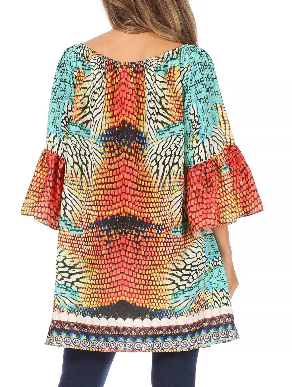 Sakkas Inna Colorful Shift Dress Tunic with Bell Ruffled Sleeves & Rhinestones dresses La Vie Bien Sakkas Inna Colorful Shift Dress Tunic with Bell Ruffled Sleeves & Rhinestones