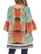 Sakkas Inna Colorful Shift Dress Tunic with Bell Ruffled Sleeves & Rhinestones dresses La Vie Bien Sakkas Inna Colorful Shift Dress Tunic with Bell Ruffled Sleeves & Rhinestones