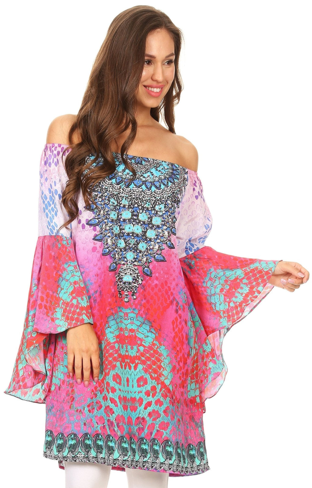 Sakkas Inna Colorful Shift Dress Tunic with Bell Ruffled Sleeves & Rhinestones dresses La Vie Bien Sakkas Inna Colorful Shift Dress Tunic with Bell Ruffled Sleeves & Rhinestones