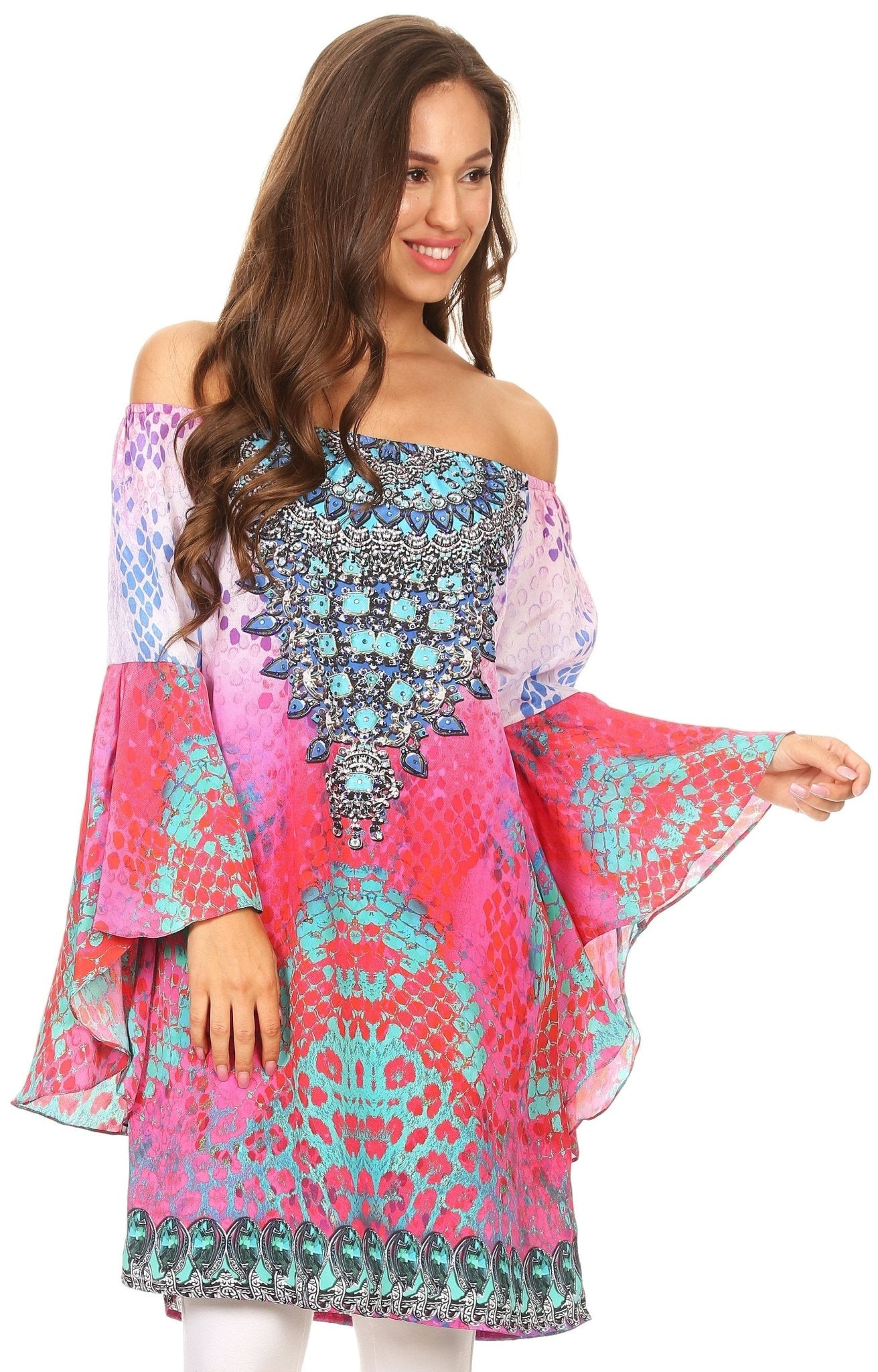 Sakkas Inna Colorful Shift Dress Tunic with Bell Ruffled Sleeves & Rhinestones dresses La Vie Bien Sakkas Inna Colorful Shift Dress Tunic with Bell Ruffled Sleeves & Rhinestones