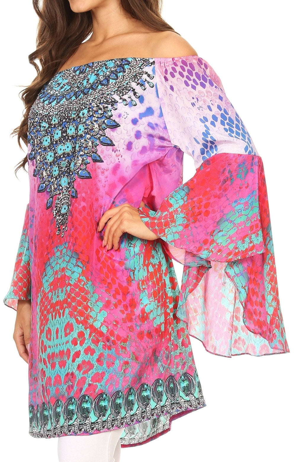 Sakkas Inna Colorful Shift Dress Tunic with Bell Ruffled Sleeves & Rhinestones dresses La Vie Bien Sakkas Inna Colorful Shift Dress Tunic with Bell Ruffled Sleeves & Rhinestones