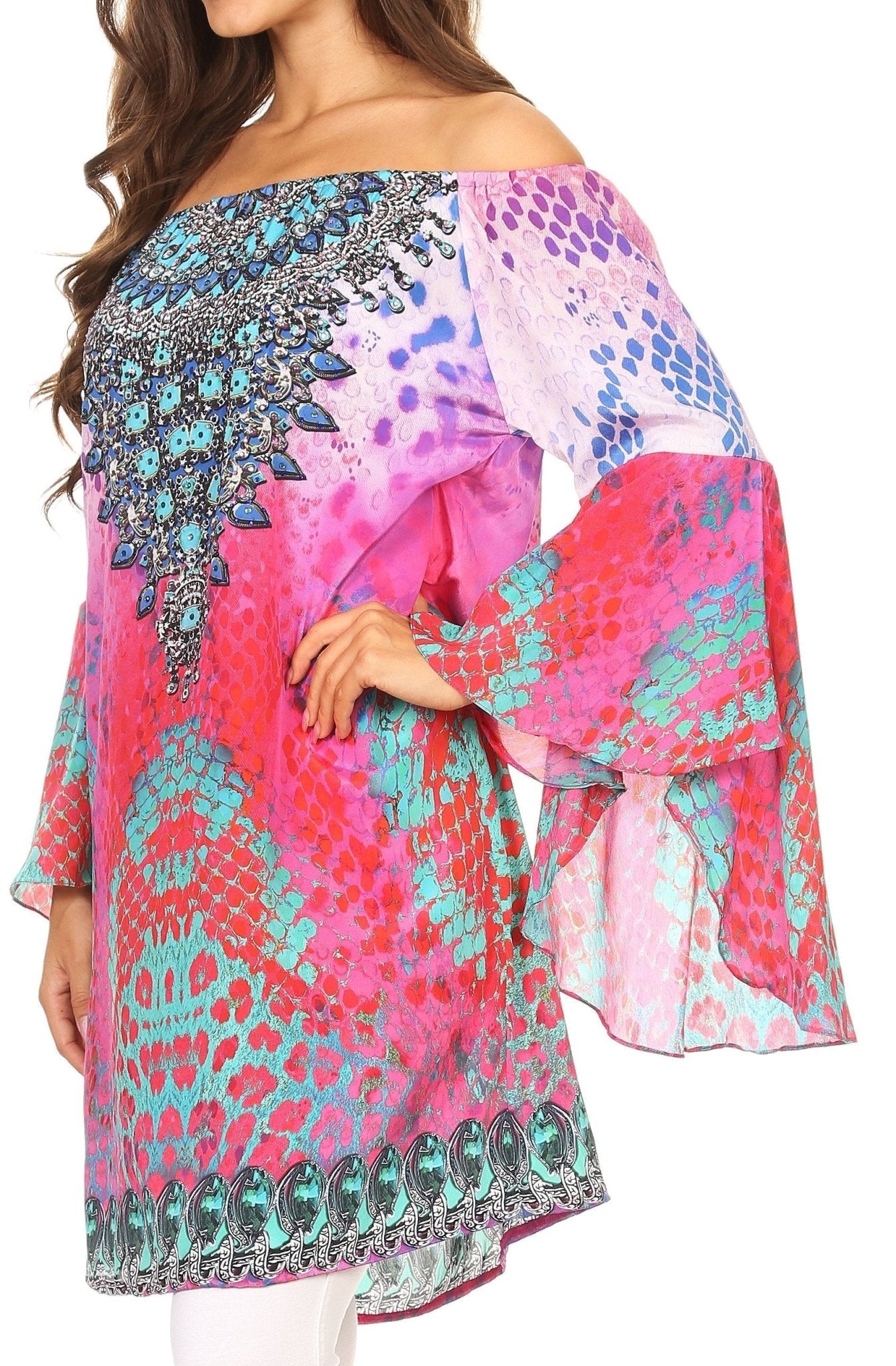 Sakkas Inna Colorful Shift Dress Tunic with Bell Ruffled Sleeves & Rhinestones dresses La Vie Bien Sakkas Inna Colorful Shift Dress Tunic with Bell Ruffled Sleeves & Rhinestones