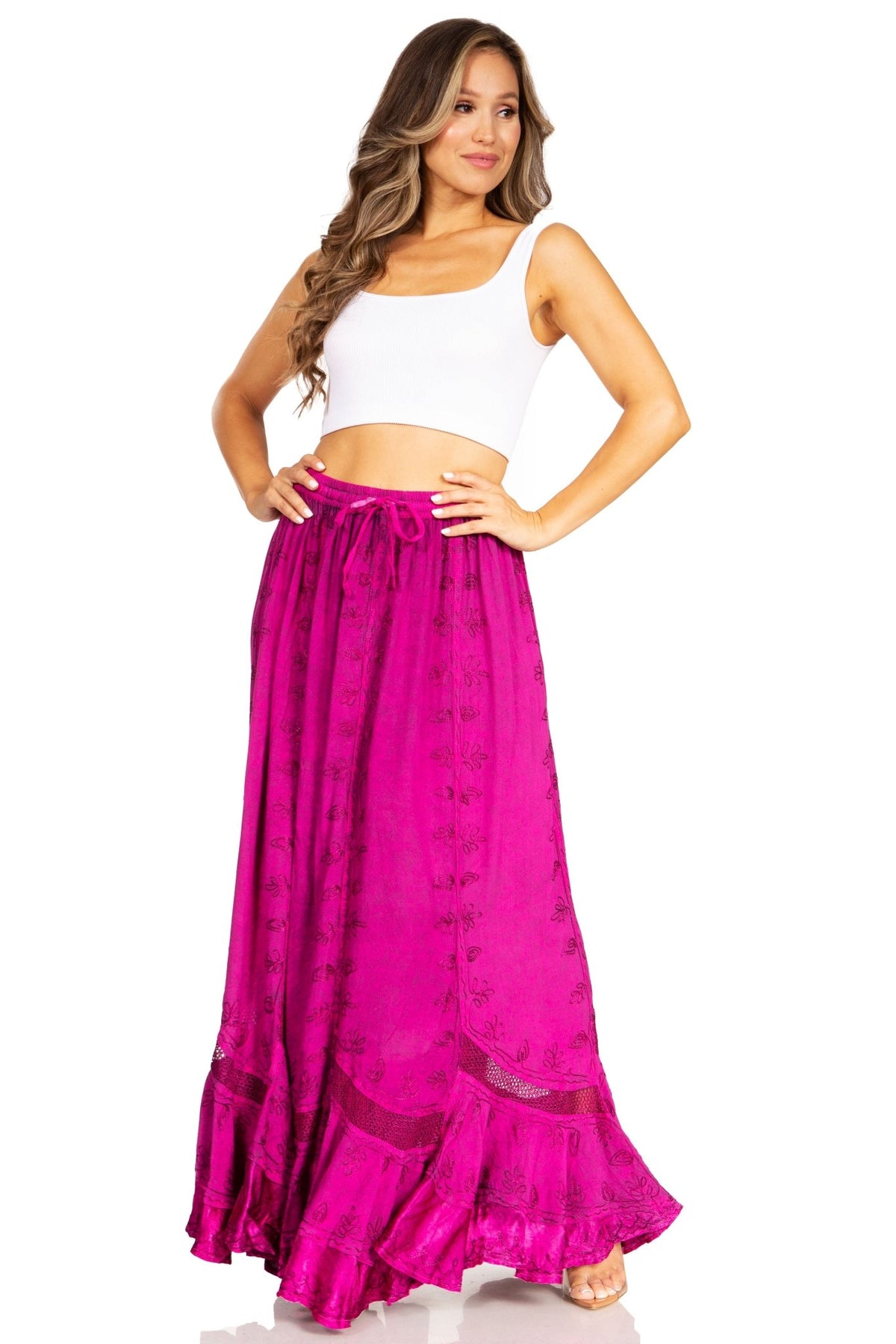 Sakkas Ivy Second Women's Maxi Boho Elastic Waist Embroidered A Line Long Skirt skirts La Vie Bien Sakkas Ivy Second Women's Maxi Boho Elastic Waist Embroidered A Line Long Skirt