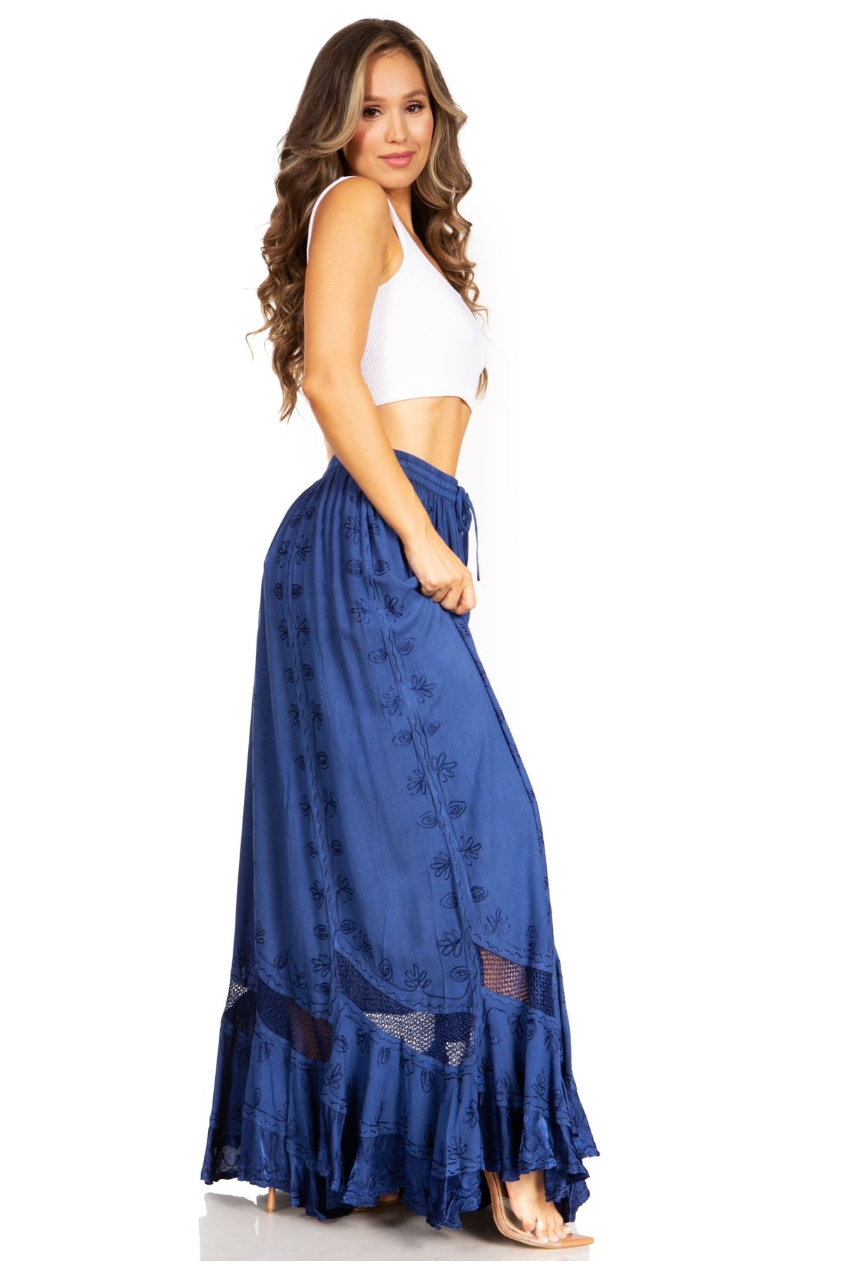 Sakkas Ivy Second Women's Maxi Boho Elastic Waist Embroidered A Line Long Skirt skirts La Vie Bien Sakkas Ivy Second Women's Maxi Boho Elastic Waist Embroidered A Line Long Skirt