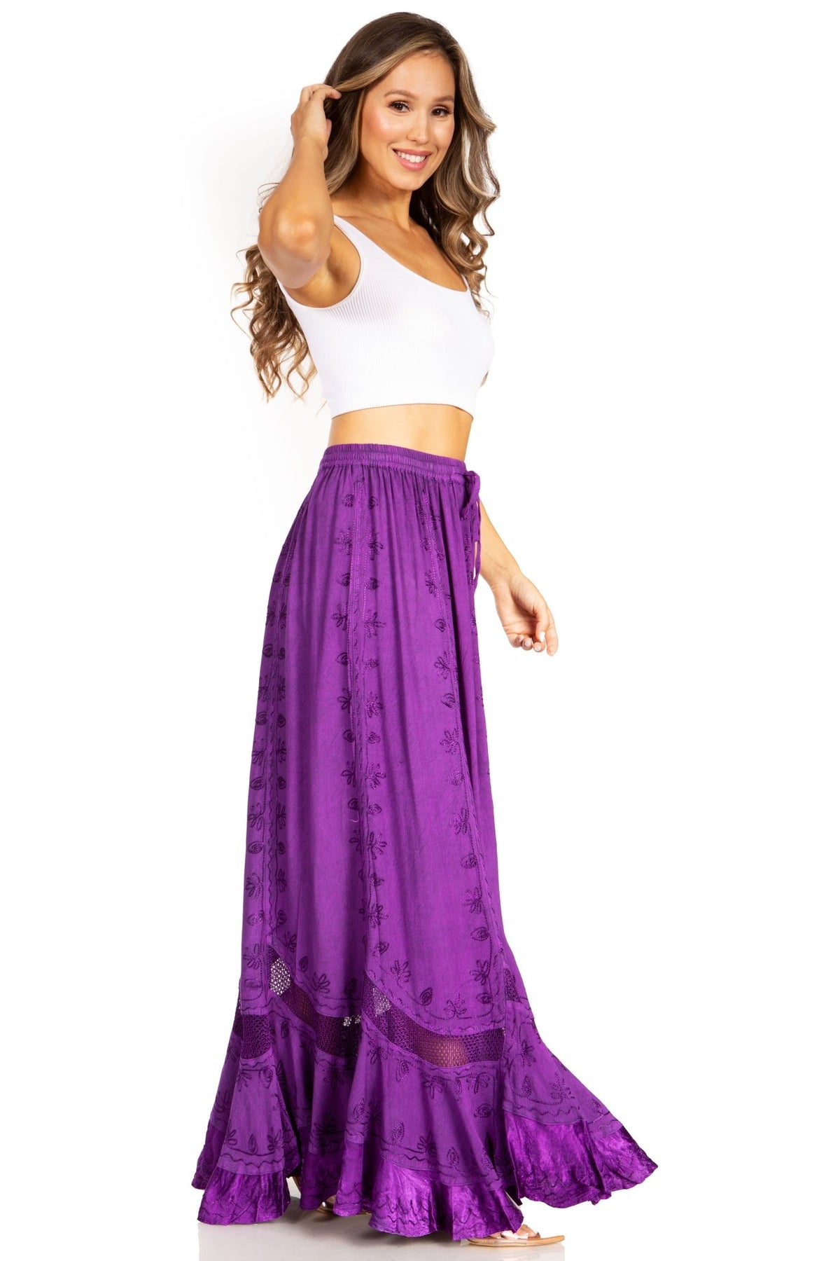 Sakkas Ivy Second Women's Maxi Boho Elastic Waist Embroidered A Line Long Skirt skirts La Vie Bien Sakkas Ivy Second Women's Maxi Boho Elastic Waist Embroidered A Line Long Skirt