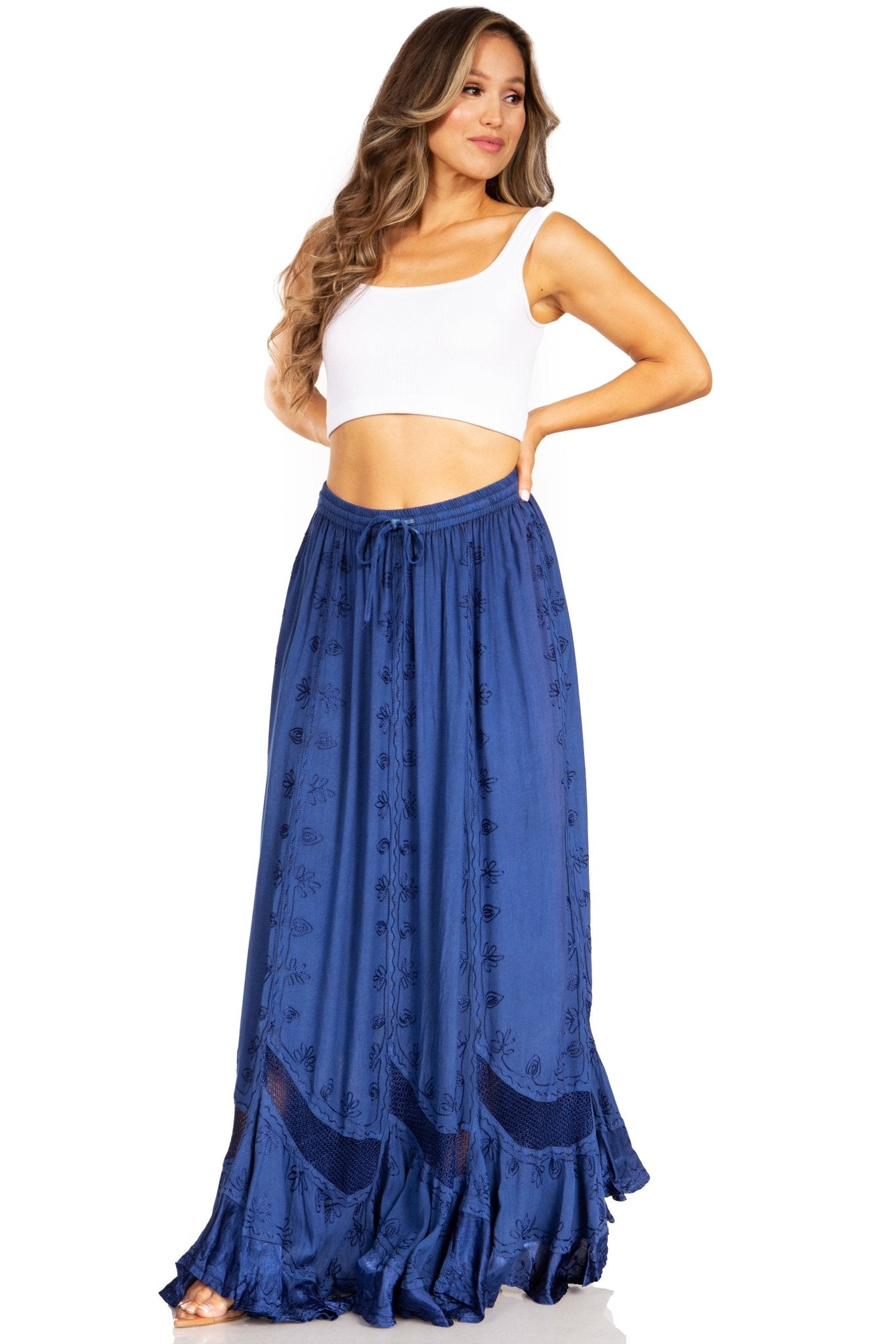 Sakkas Ivy Second Women's Maxi Boho Elastic Waist Embroidered A Line Long Skirt skirts La Vie Bien Sakkas Ivy Second Women's Maxi Boho Elastic Waist Embroidered A Line Long Skirt