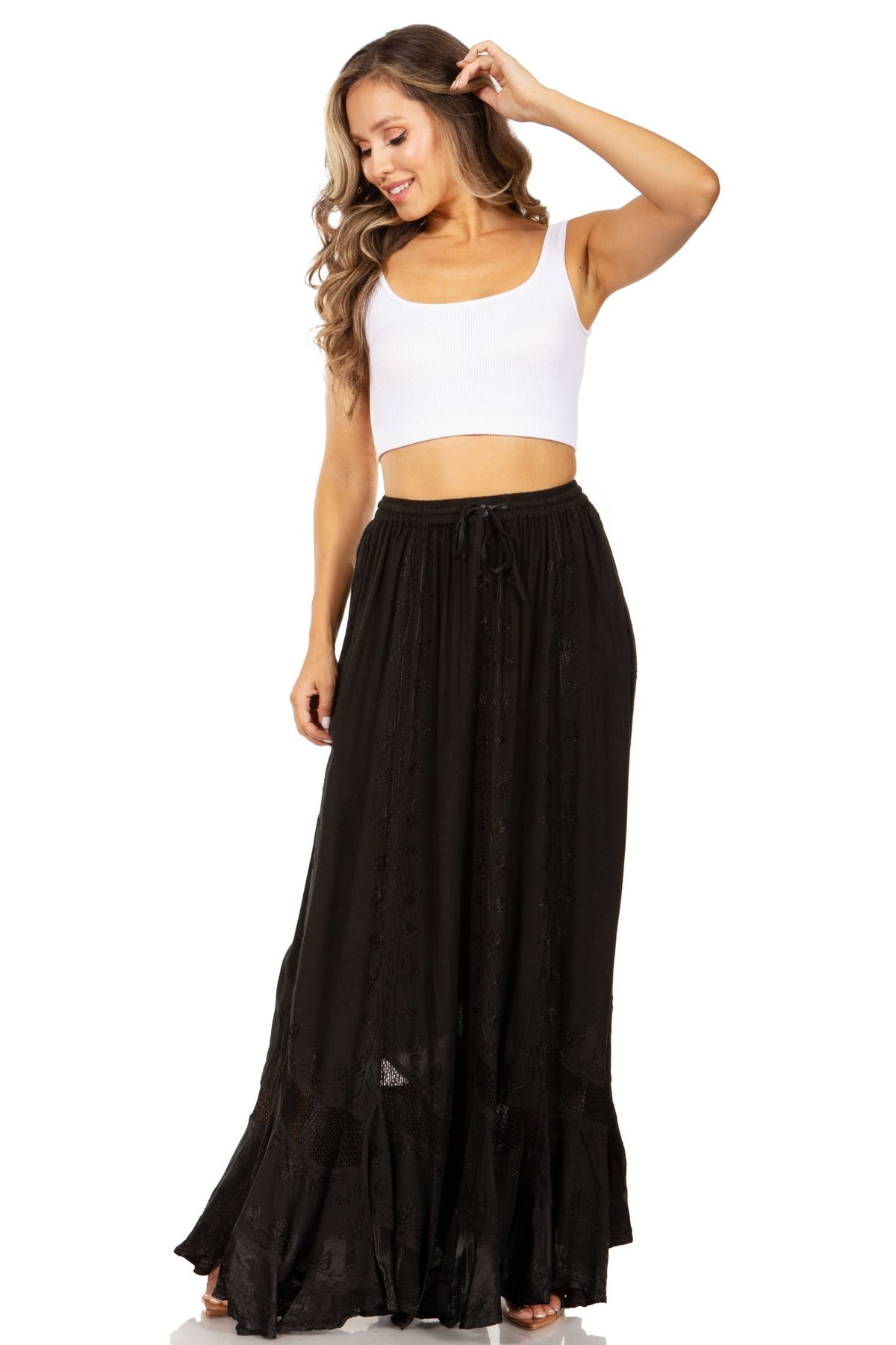 Sakkas Ivy Second Women's Maxi Boho Elastic Waist Embroidered A Line Long Skirt skirts La Vie Bien Sakkas Ivy Second Women's Maxi Boho Elastic Waist Embroidered A Line Long Skirt