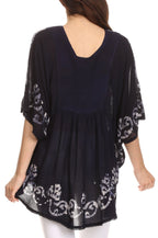 Sakkas Lynda Two Tone Batik Embroidered Palm Tree Peasant Top / Poncho tops La Vie Bien Sakkas Lynda Two Tone Batik Embroidered Palm Tree Peasant Top / Poncho