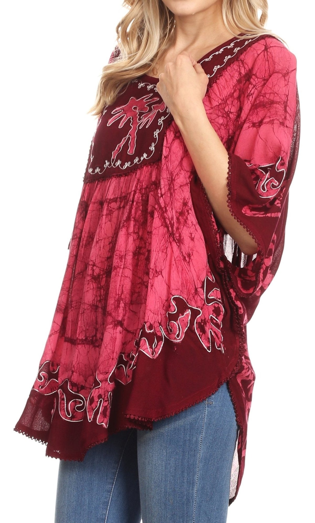Sakkas Lynda Two Tone Batik Embroidered Palm Tree Peasant Top / Poncho tops La Vie Bien Sakkas Lynda Two Tone Batik Embroidered Palm Tree Peasant Top / Poncho