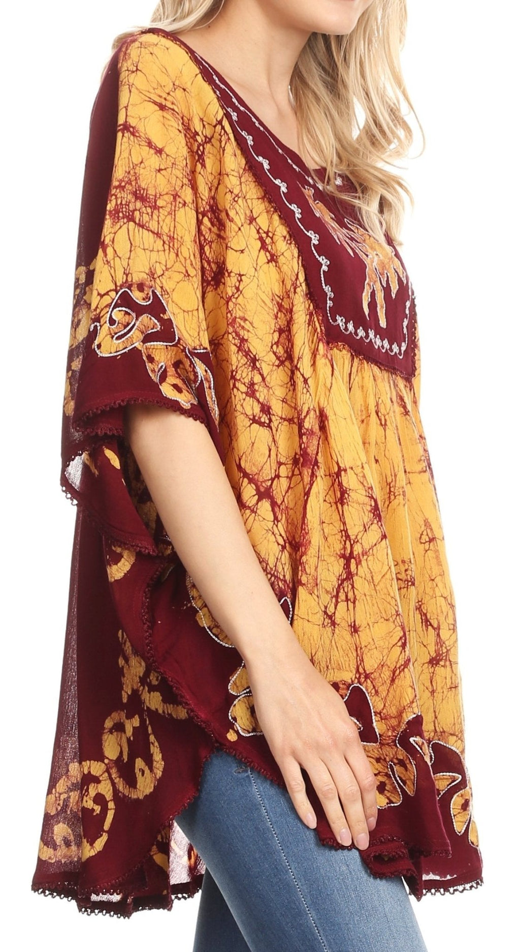 Sakkas Lynda Two Tone Batik Embroidered Palm Tree Peasant Top / Poncho tops La Vie Bien Sakkas Lynda Two Tone Batik Embroidered Palm Tree Peasant Top / Poncho