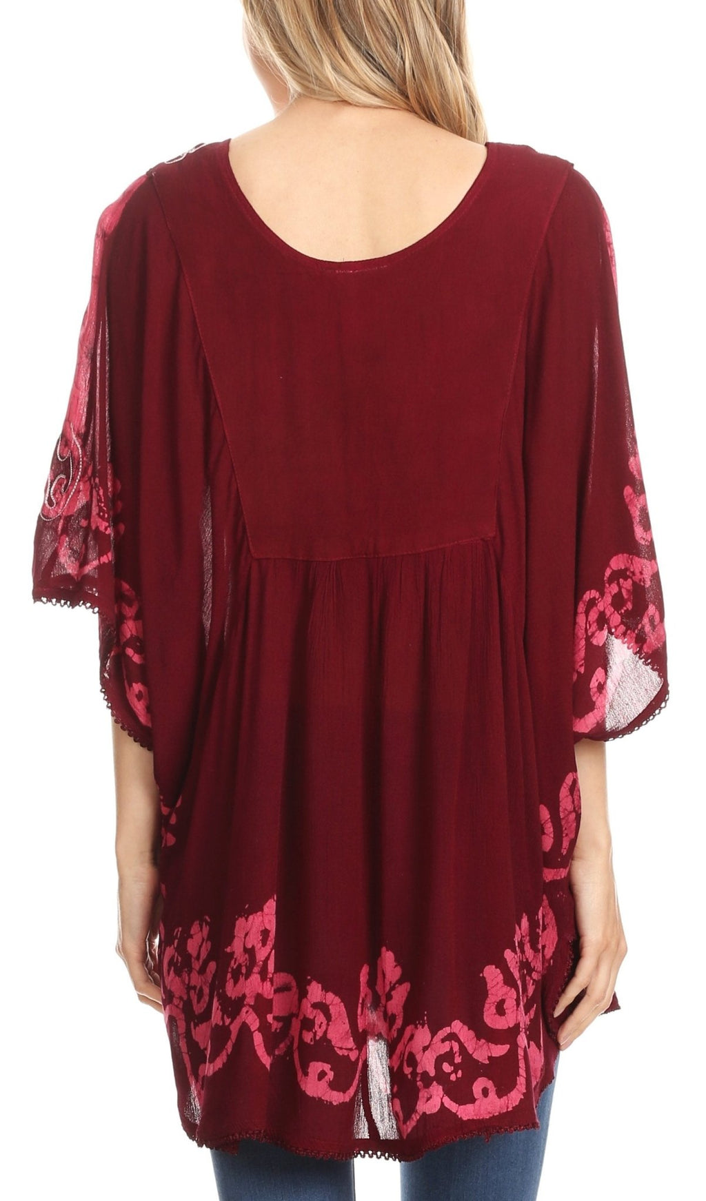 Sakkas Lynda Two Tone Batik Embroidered Palm Tree Peasant Top / Poncho tops La Vie Bien Sakkas Lynda Two Tone Batik Embroidered Palm Tree Peasant Top / Poncho