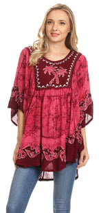 Sakkas Lynda Two Tone Batik Embroidered Palm Tree Peasant Top / Poncho tops La Vie Bien Sakkas Lynda Two Tone Batik Embroidered Palm Tree Peasant Top / Poncho