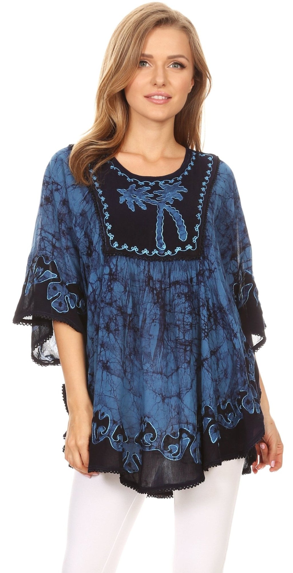 Sakkas Lynda Two Tone Batik Embroidered Palm Tree Peasant Top / Poncho tops La Vie Bien Sakkas Lynda Two Tone Batik Embroidered Palm Tree Peasant Top / Poncho