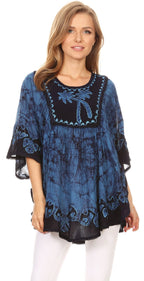 Sakkas Lynda Two Tone Batik Embroidered Palm Tree Peasant Top / Poncho tops La Vie Bien Sakkas Lynda Two Tone Batik Embroidered Palm Tree Peasant Top / Poncho