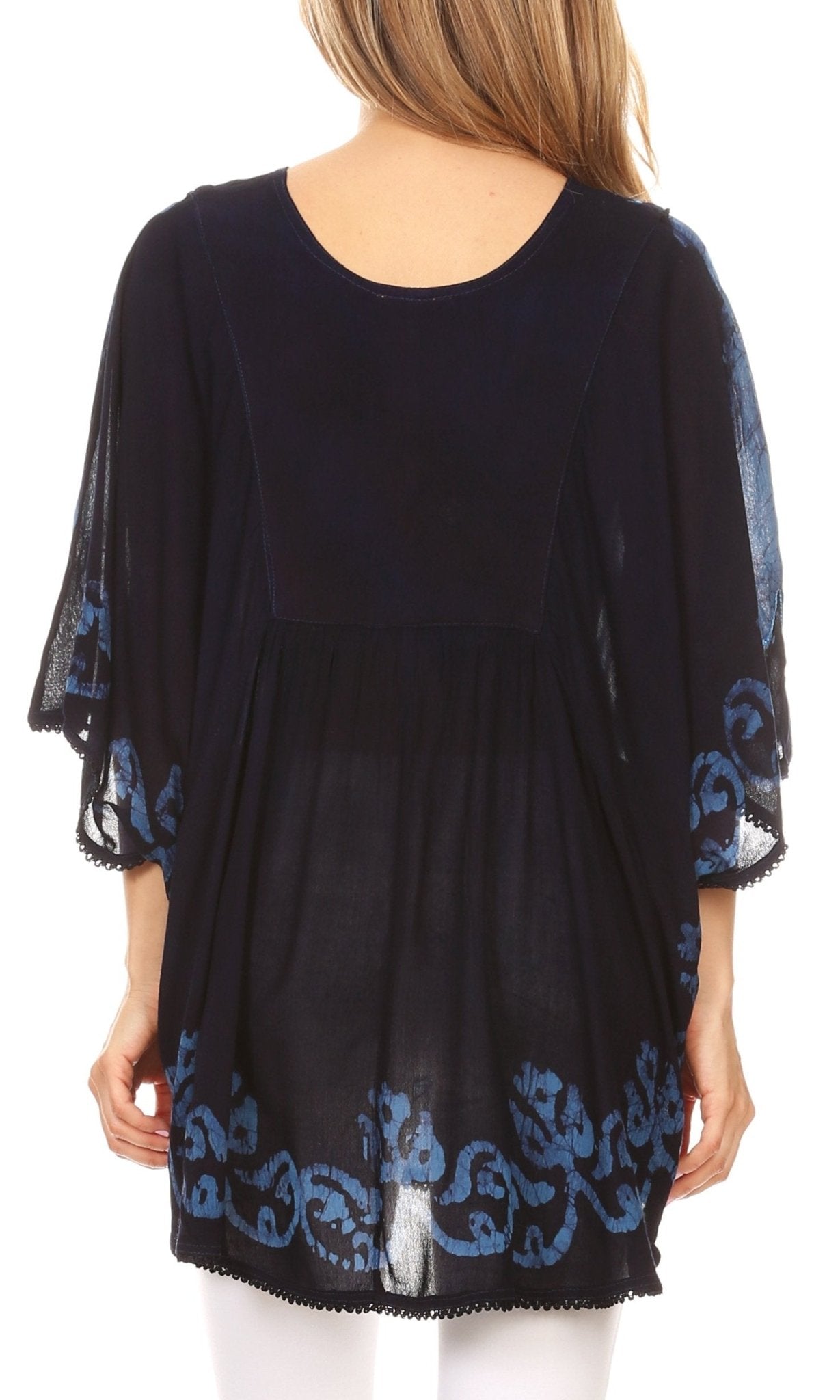 Sakkas Lynda Two Tone Batik Embroidered Palm Tree Peasant Top / Poncho tops La Vie Bien Sakkas Lynda Two Tone Batik Embroidered Palm Tree Peasant Top / Poncho