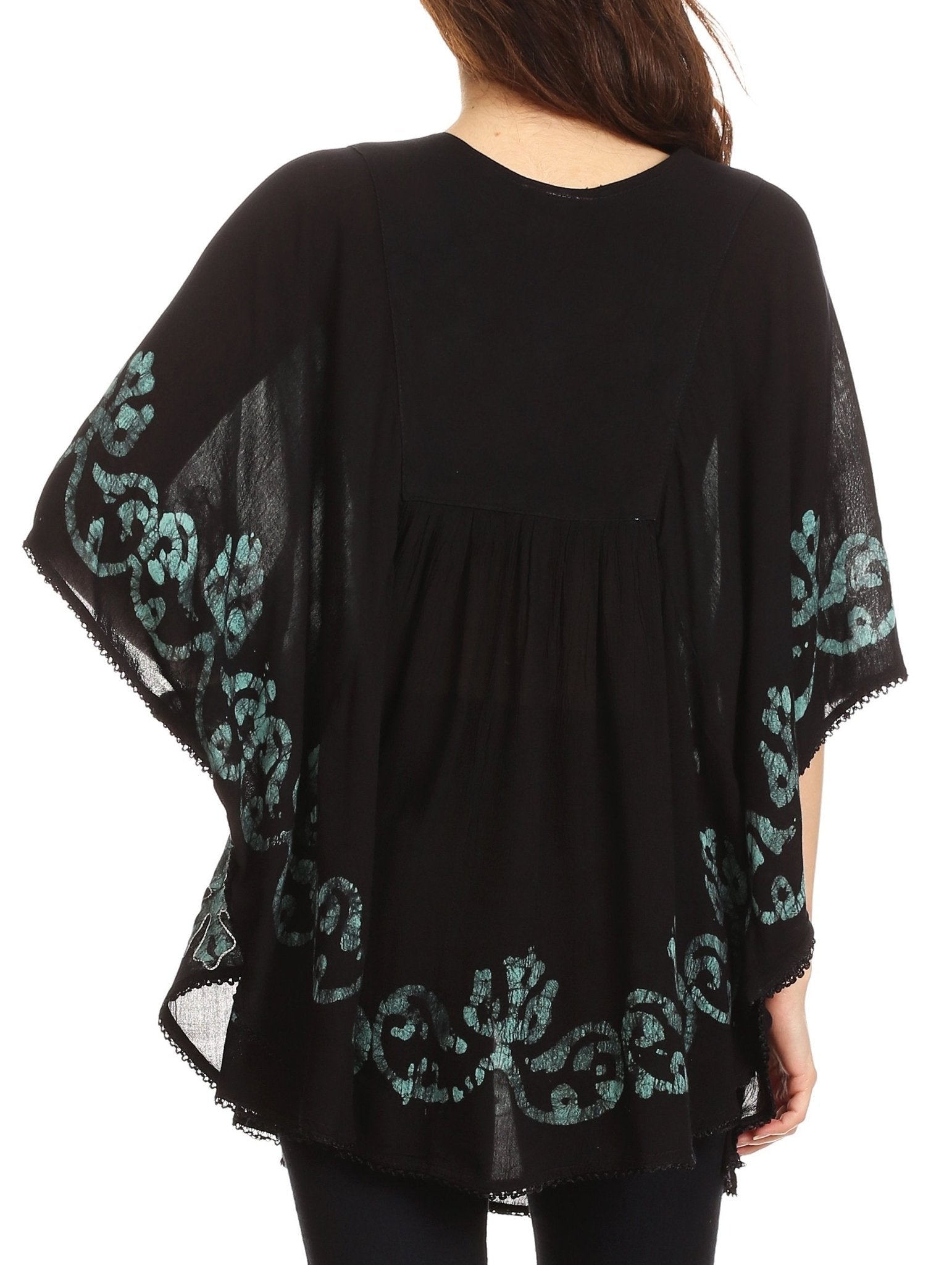Sakkas Lynda Two Tone Batik Embroidered Palm Tree Peasant Top / Poncho tops La Vie Bien Sakkas Lynda Two Tone Batik Embroidered Palm Tree Peasant Top / Poncho