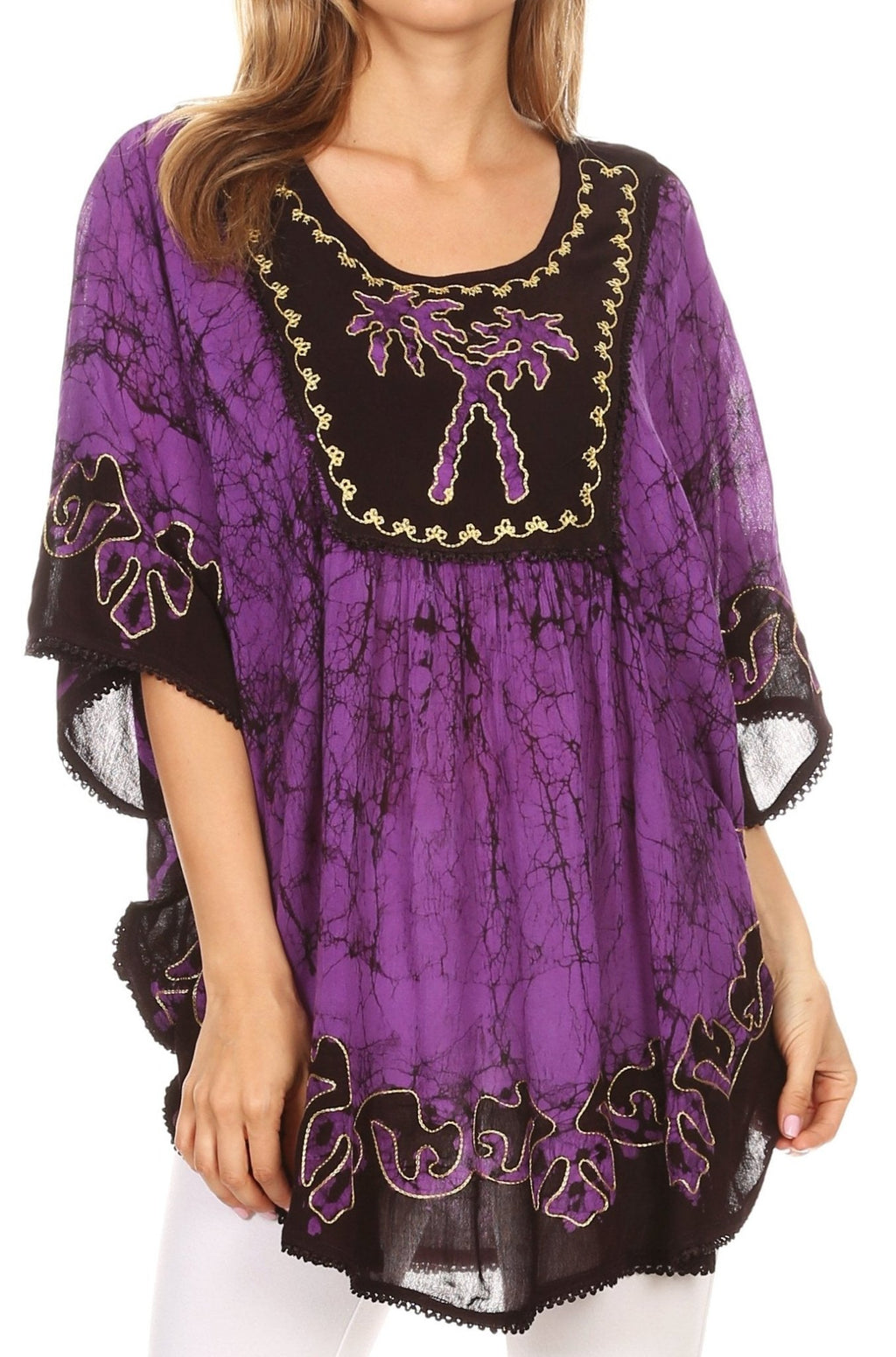 Sakkas Lynda Two Tone Batik Embroidered Palm Tree Peasant Top / Poncho tops La Vie Bien Sakkas Lynda Two Tone Batik Embroidered Palm Tree Peasant Top / Poncho