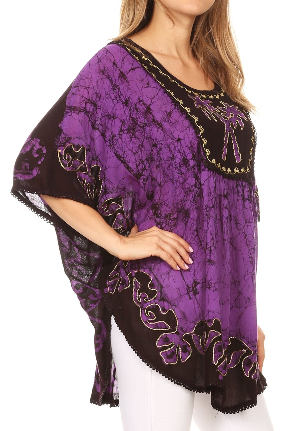 Sakkas Lynda Two Tone Batik Embroidered Palm Tree Peasant Top / Poncho tops La Vie Bien Sakkas Lynda Two Tone Batik Embroidered Palm Tree Peasant Top / Poncho
