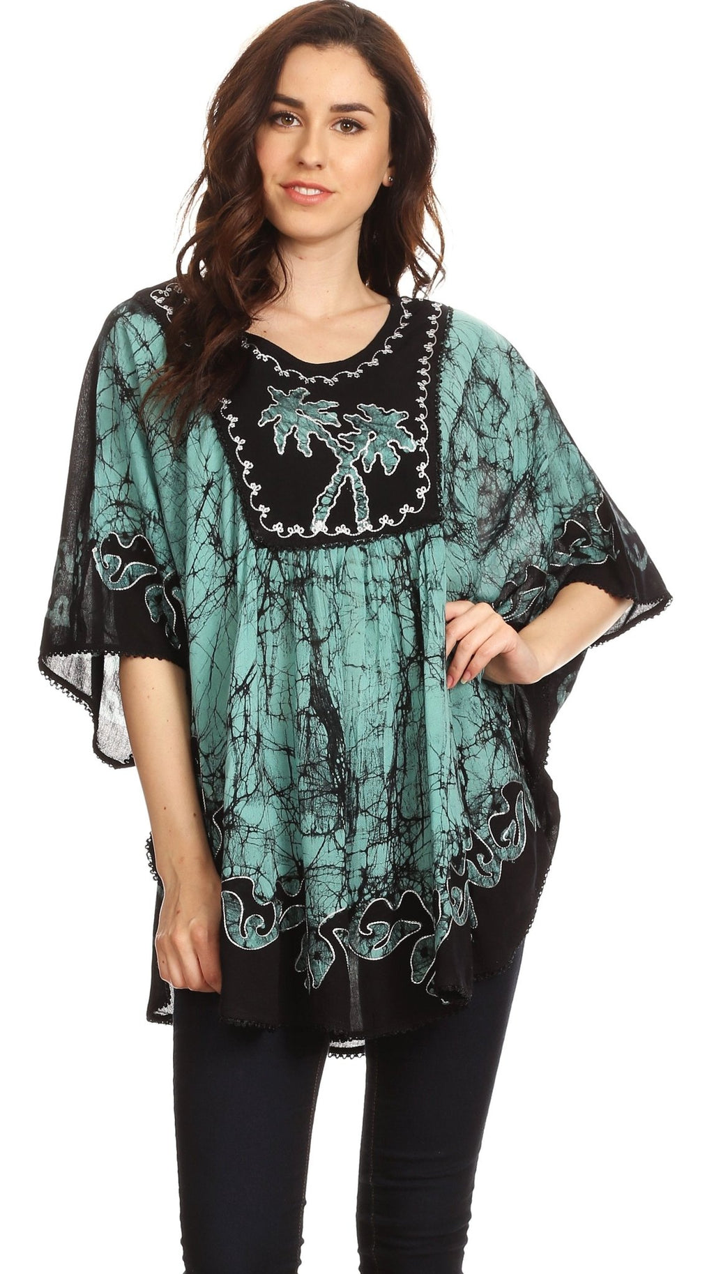 Sakkas Lynda Two Tone Batik Embroidered Palm Tree Peasant Top / Poncho tops La Vie Bien Sakkas Lynda Two Tone Batik Embroidered Palm Tree Peasant Top / Poncho