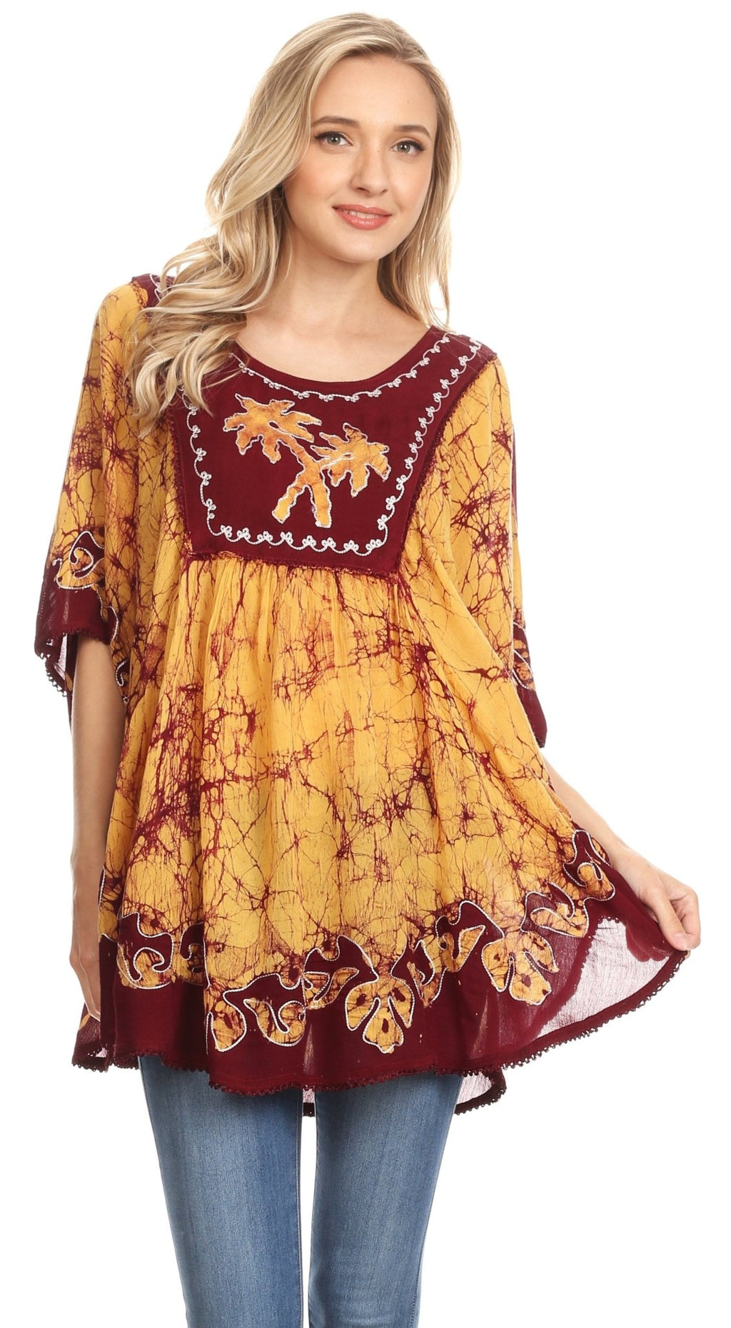 Sakkas Lynda Two Tone Batik Embroidered Palm Tree Peasant Top / Poncho tops La Vie Bien Sakkas Lynda Two Tone Batik Embroidered Palm Tree Peasant Top / Poncho