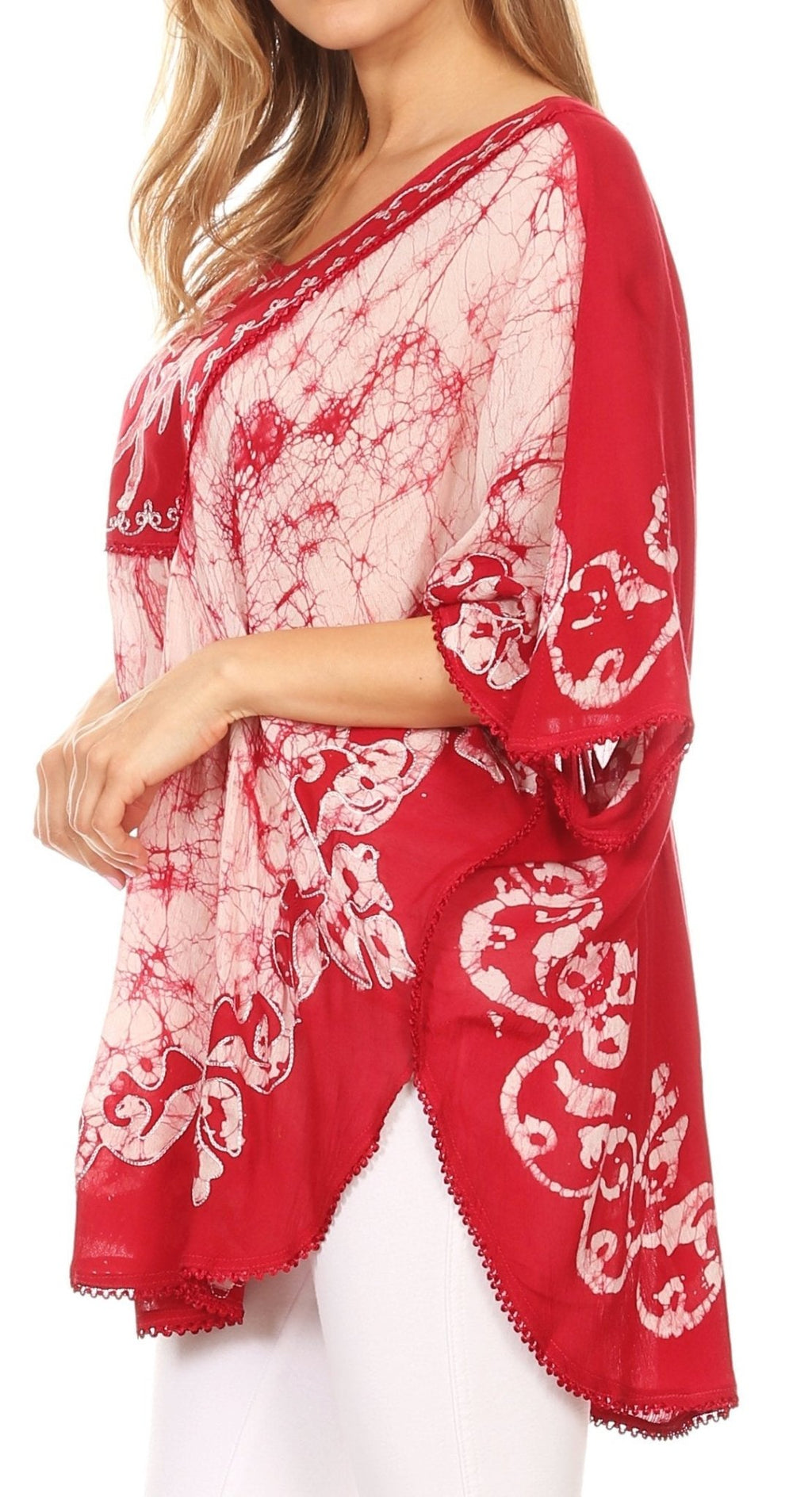 Sakkas Lynda Two Tone Batik Embroidered Palm Tree Peasant Top / Poncho tops La Vie Bien Sakkas Lynda Two Tone Batik Embroidered Palm Tree Peasant Top / Poncho