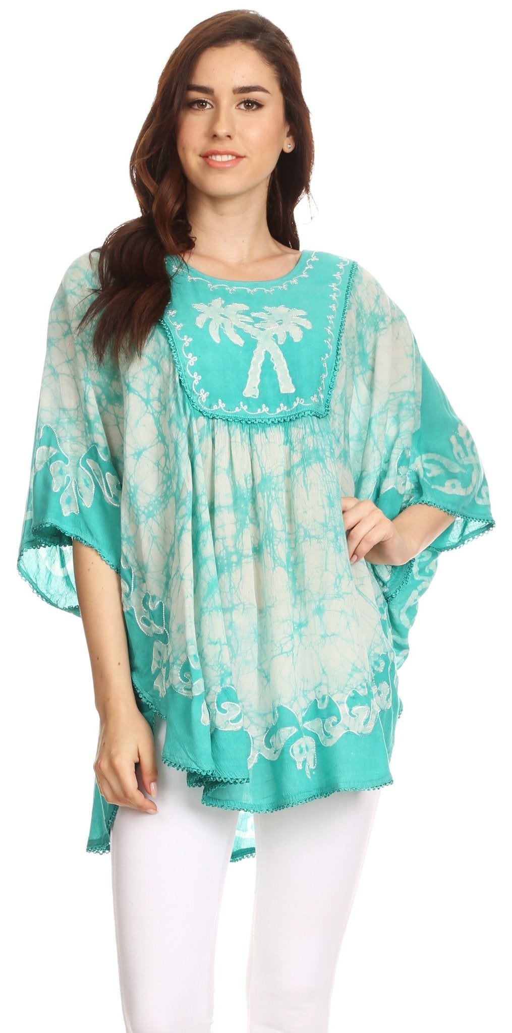 Sakkas Lynda Two Tone Batik Embroidered Palm Tree Peasant Top / Poncho tops La Vie Bien Sakkas Lynda Two Tone Batik Embroidered Palm Tree Peasant Top / Poncho