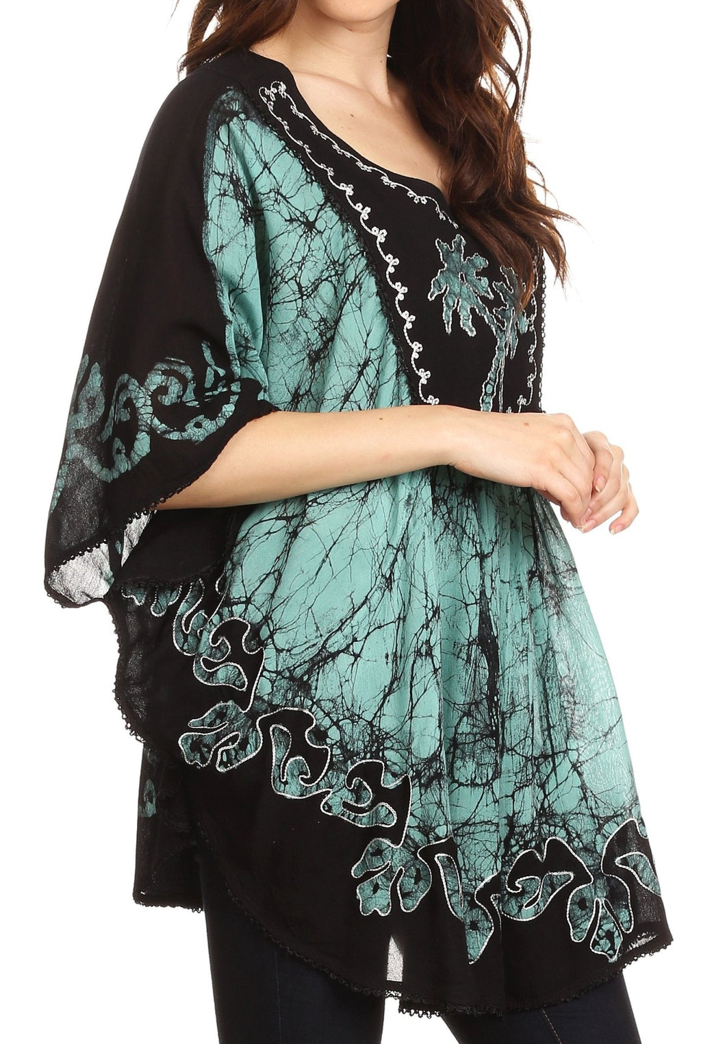 Sakkas Lynda Two Tone Batik Embroidered Palm Tree Peasant Top / Poncho tops La Vie Bien Sakkas Lynda Two Tone Batik Embroidered Palm Tree Peasant Top / Poncho