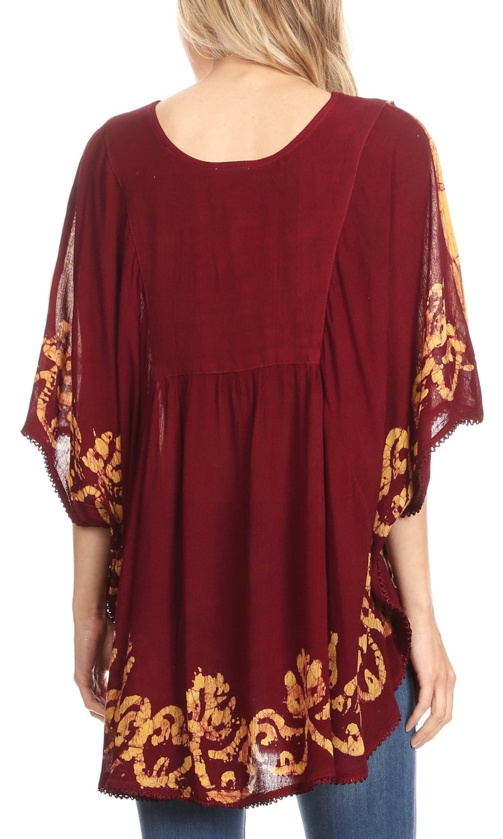 Sakkas Lynda Two Tone Batik Embroidered Palm Tree Peasant Top / Poncho tops La Vie Bien Sakkas Lynda Two Tone Batik Embroidered Palm Tree Peasant Top / Poncho