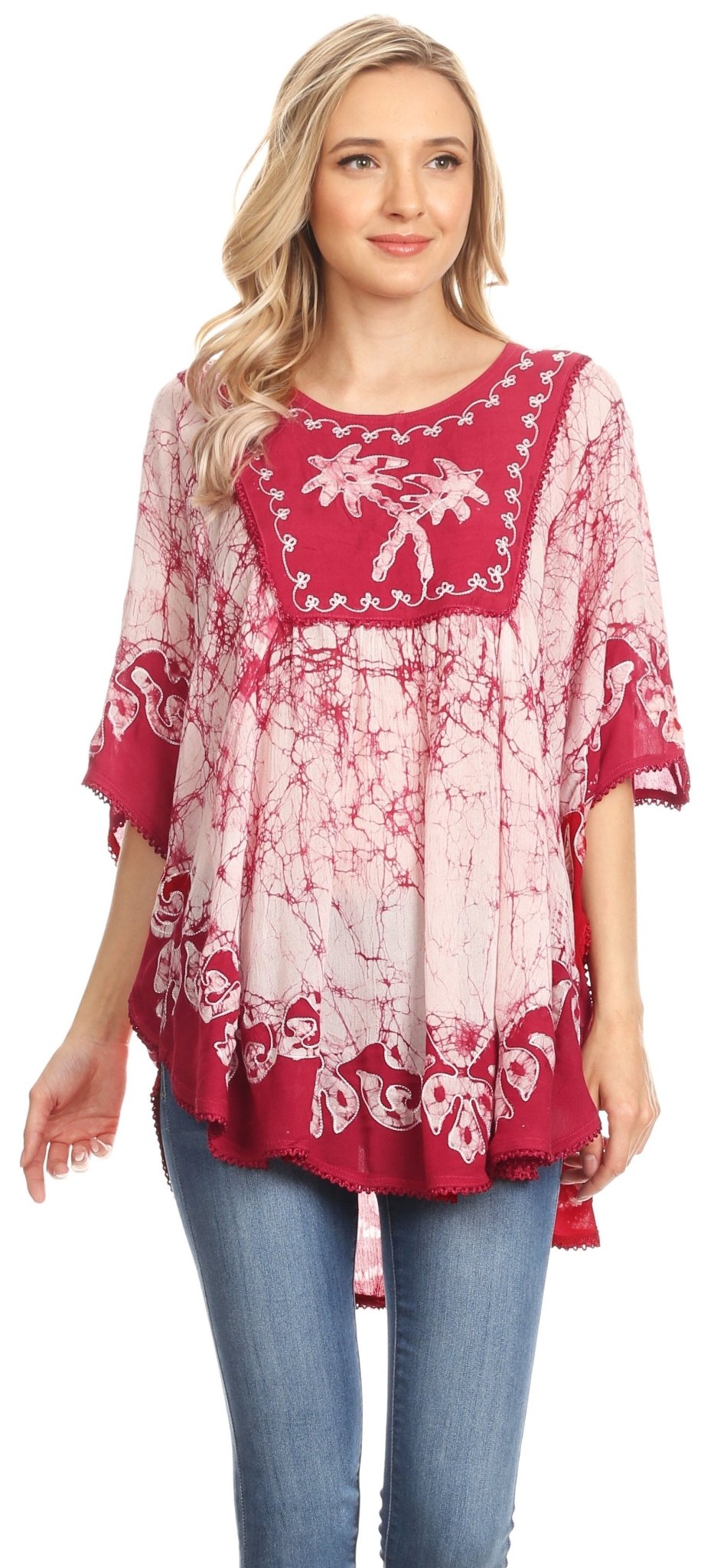 Sakkas Lynda Two Tone Batik Embroidered Palm Tree Peasant Top / Poncho tops La Vie Bien Sakkas Lynda Two Tone Batik Embroidered Palm Tree Peasant Top / Poncho