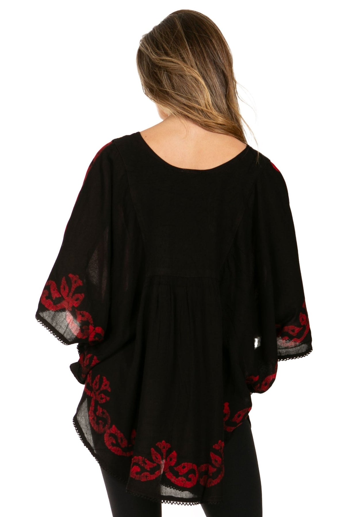Sakkas Lynda Two Tone Batik Embroidered Palm Tree Peasant Top / Poncho tops La Vie Bien Sakkas Lynda Two Tone Batik Embroidered Palm Tree Peasant Top / Poncho