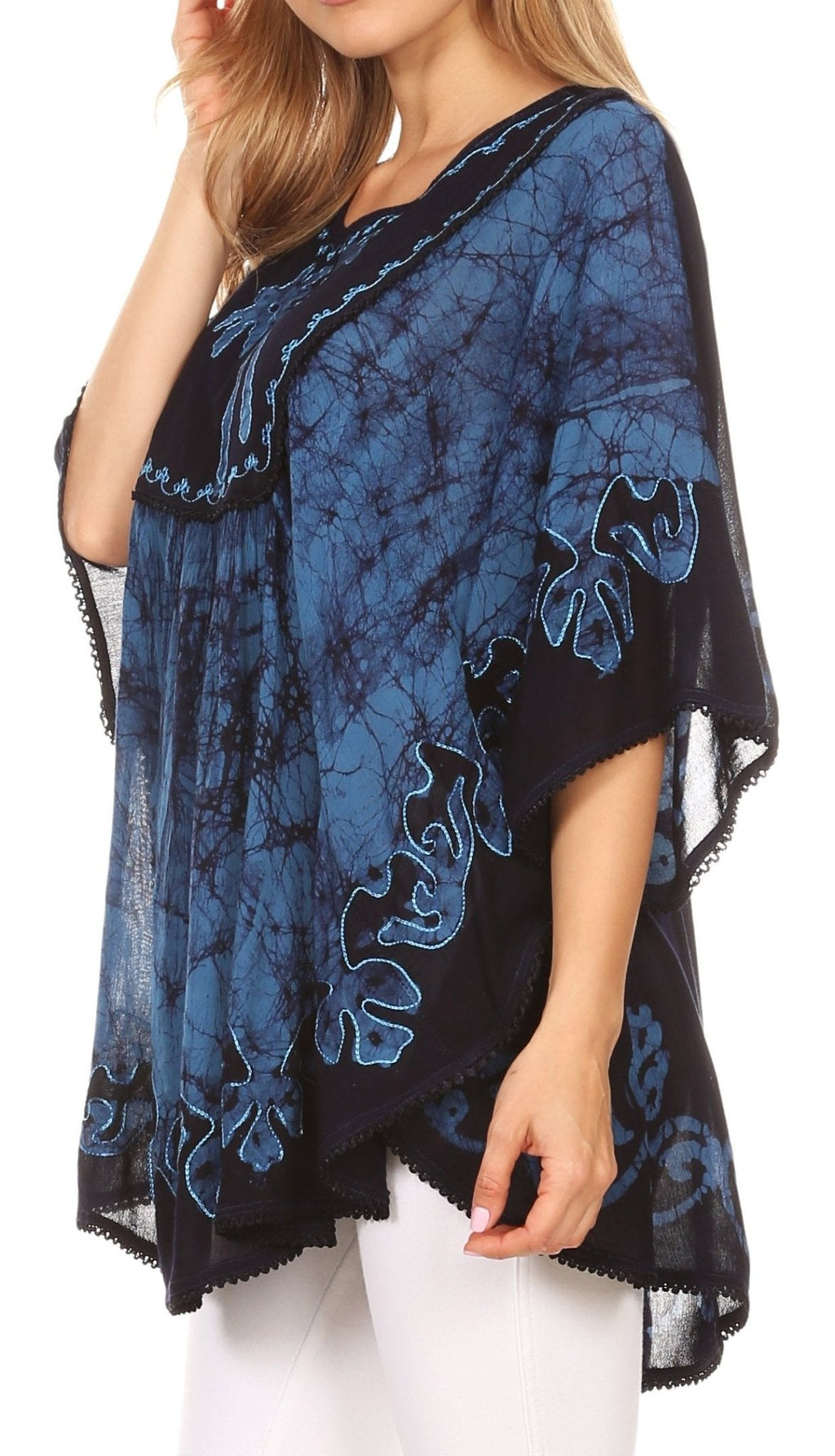 Sakkas Lynda Two Tone Batik Embroidered Palm Tree Peasant Top / Poncho tops La Vie Bien Sakkas Lynda Two Tone Batik Embroidered Palm Tree Peasant Top / Poncho