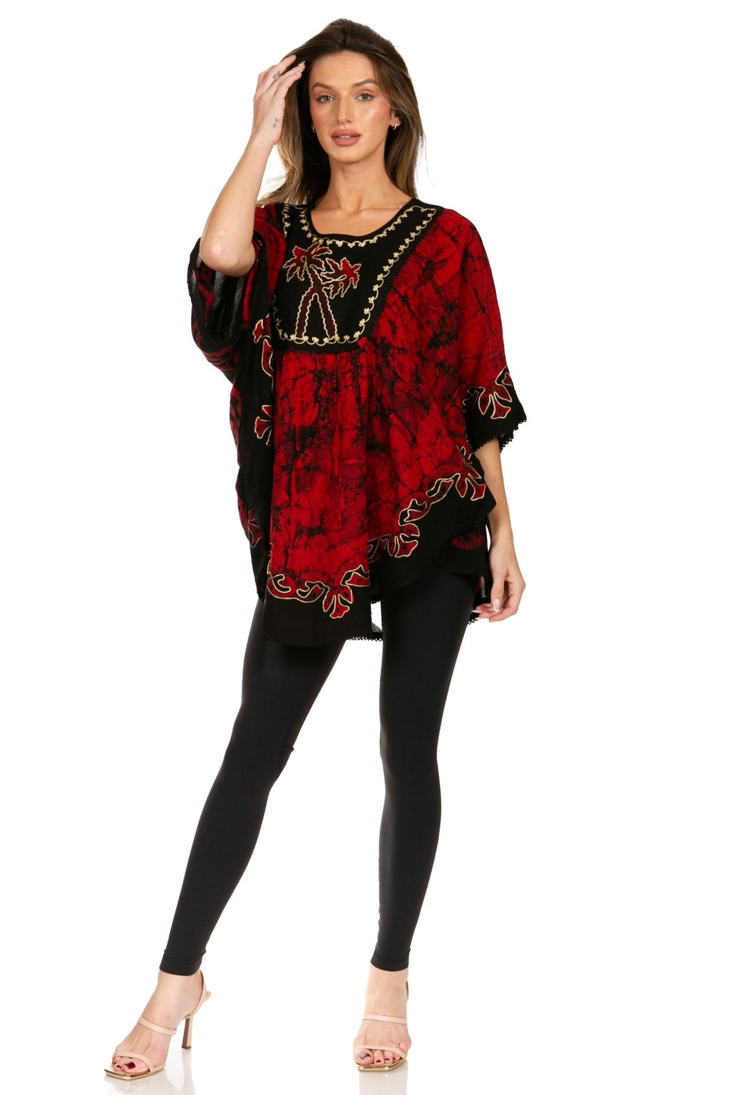 Sakkas Lynda Two Tone Batik Embroidered Palm Tree Peasant Top / Poncho tops La Vie Bien Sakkas Lynda Two Tone Batik Embroidered Palm Tree Peasant Top / Poncho