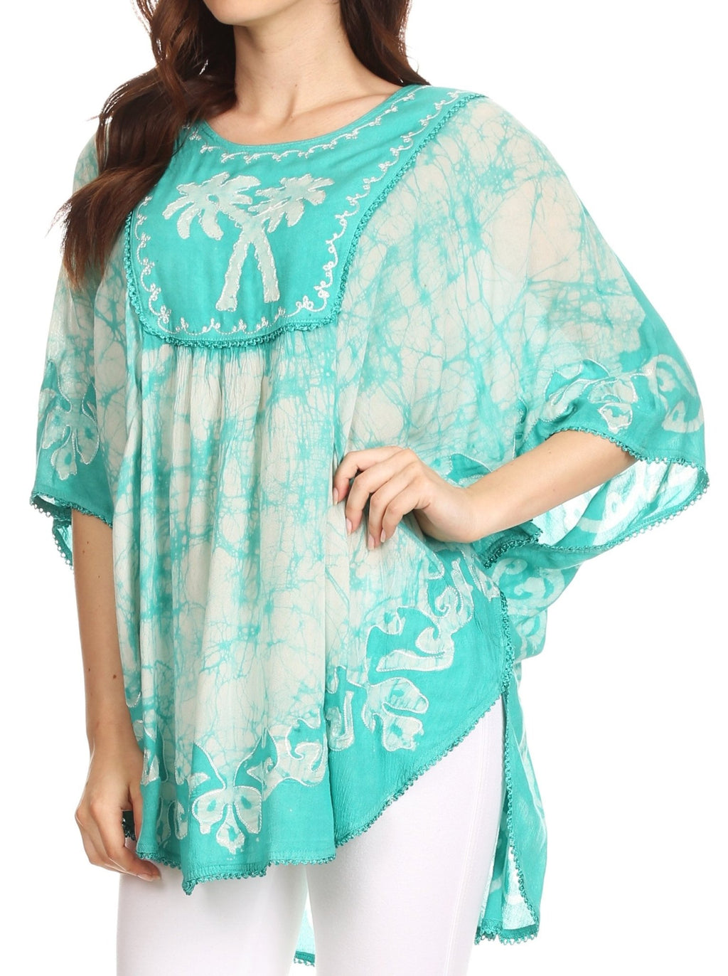 Sakkas Lynda Two Tone Batik Embroidered Palm Tree Peasant Top / Poncho tops La Vie Bien Sakkas Lynda Two Tone Batik Embroidered Palm Tree Peasant Top / Poncho