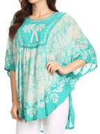 Sakkas Lynda Two Tone Batik Embroidered Palm Tree Peasant Top / Poncho tops La Vie Bien Sakkas Lynda Two Tone Batik Embroidered Palm Tree Peasant Top / Poncho
