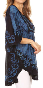 Sakkas Lynda Two Tone Batik Embroidered Palm Tree Peasant Top / Poncho tops La Vie Bien Sakkas Lynda Two Tone Batik Embroidered Palm Tree Peasant Top / Poncho