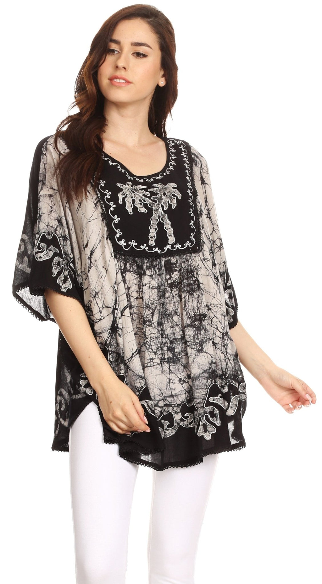 Sakkas Lynda Two Tone Batik Embroidered Palm Tree Peasant Top / Poncho tops La Vie Bien Sakkas Lynda Two Tone Batik Embroidered Palm Tree Peasant Top / Poncho