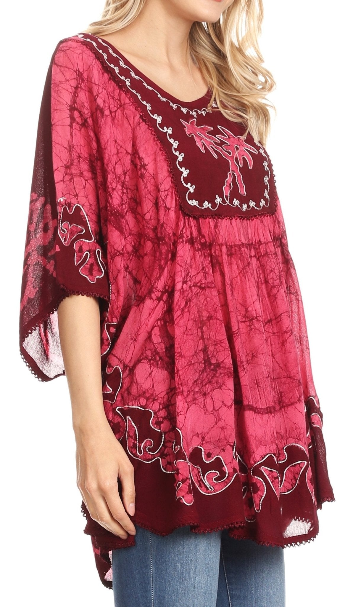 Sakkas Lynda Two Tone Batik Embroidered Palm Tree Peasant Top / Poncho tops La Vie Bien Sakkas Lynda Two Tone Batik Embroidered Palm Tree Peasant Top / Poncho